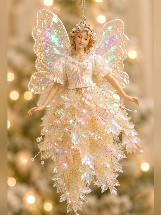 Vintage Other - Vintage Iridescent Fairy Angel Christmas Ornament – Glitter Wings Floral Dress